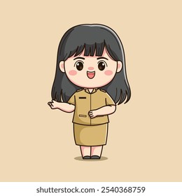 cute female teacher character with welcoming hand