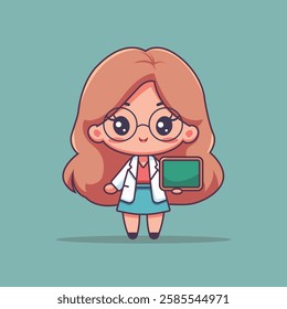 Cute Female Teacher Holding a Green Board Cartoon Character. People Profession Icon Concept Isolated Premium Vector. Flat Cartoon Style