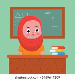 cute female teacher illustration character. the teacher points to the blackboard. flat cartoon style