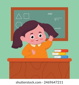 cute female teacher illustration character. the teacher points to the blackboard. flat cartoon style