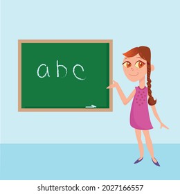 Cute female teacher pointing blackboard.