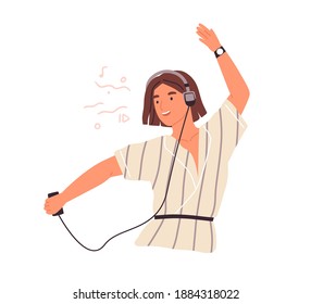 Cute female teenager listening to music in headphones and dancing vector flat illustration. Happy young woman enjoying audio sound using smartphone or mp3 player isolated on white background