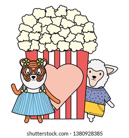 cute female tiger and sheep with pop corn