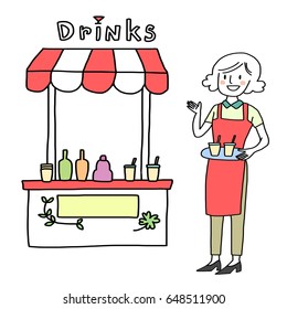 Cute female vendor holding beverages tray and standing in front of her food stall presenting her cute food cart with several bottles of drinks. Vector illustration with hand-drawn style.