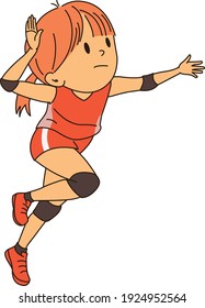 A cute female volleyball player isolated on a white background illustration. Hitting the ball. 
Cute Character Design.