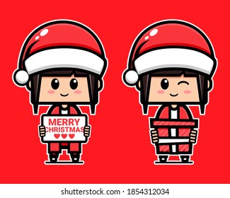Cute female wearing santa costume.  Cute girl cartoon character carrying merry christmas greeting cards and christmas gifts. Illustration vector