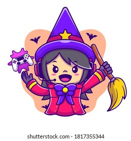 Cute Female Witch Gaming Cartoon Vector Icon Illustration. Halloween Gaming Icon Concept Isolated Premium Vector. Flat Cartoon Style