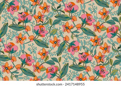 Cute feminine bright saturated seamless watercolor pattern with wildflowers , hand drawn, not AI