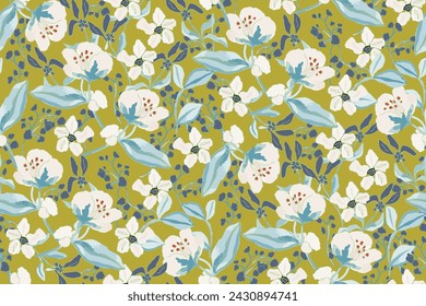 Cute feminine bright saturated seamless watercolor pattern with wildflowers , hand drawn, not AI