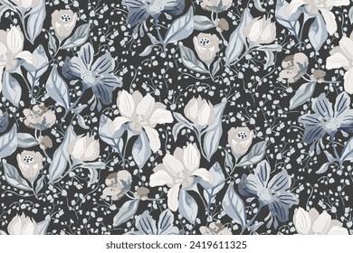 Cute feminine dark seamless watercolor pattern with wildflowers, hand drawn, not AI