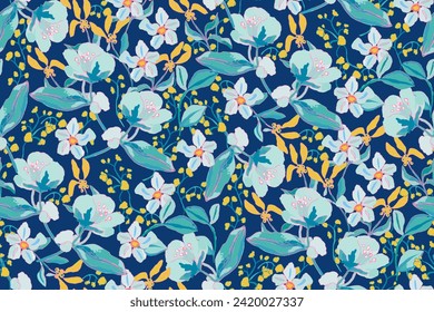 Cute feminine dark seamless watercolor pattern with wildflowers, hand drawn, not AI