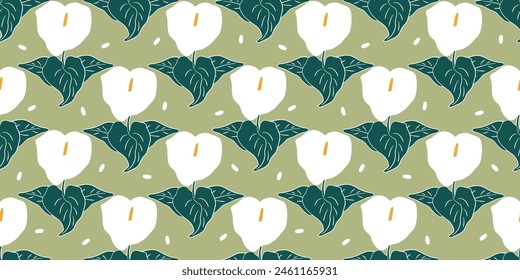 cute feminine elegant seamless vector pattern illustration with beautiful white calla flowers on green background	