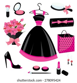 Cute and feminine fashion vector illustration icons in pink and black shade.