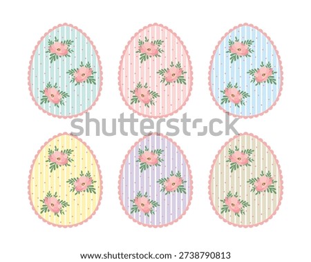Cute and feminine floral Easter eggs illustration set in beautiful stripes and polkadot backgrounds with cottage core coquette adorable vintage style