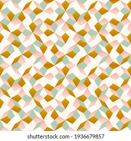 Patrón geométrico suave y femenino en tonos rosa pastel, azul y dorado brillante. Diseño de patrones sin fisuras vectoriales para textiles, moda, papel, embalaje, embalaje y marca