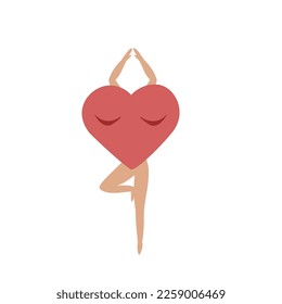 Cute feminine hearth shaped character in yoga pose isolated on white