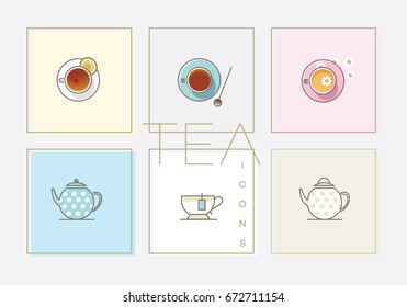 Cute feminine icons collection with tea cups and pots in pastel colors