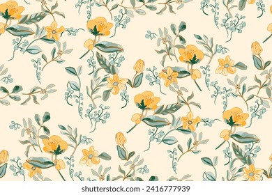 Cute feminine light delicate seamless watercolor pattern with wildflowers, hand drawn, not AI