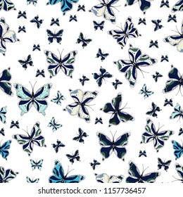 Cute Feminine Pattern for Card, Invitation, Print. Spring Background with Colorful Butterflies. Vector Background on white, blue and gray colors. Trendy Decoration with Beautiful Butterfly Silhouettes