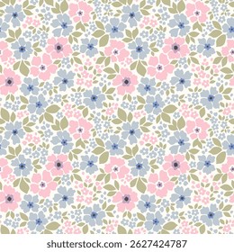Cute feminine seamless gentle pattern with little tiny abstract flowers, hand drawn. Beautiful floral pattern in small vintage flowers. Small pale blue and pink flowers. White background. Ditsy print.
