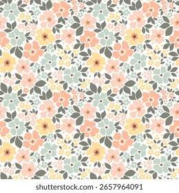 Lindo patrón suave sin costuras femenino con pequeñas flores abstractas, dibujado a mano. Hermoso patrón floral en Pequeñas flores vintage. Pequeñas flores pastel pálidas. El fondo blanco. Impresión sucia.