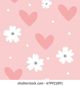 Cute feminine seamless pattern. Cartoon flowers, hearts and dots. Pastel colour. Vector illustration.