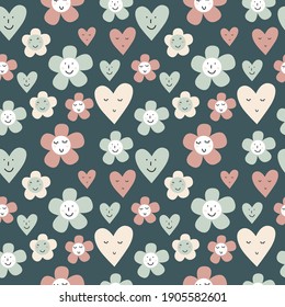 Cute feminine seamless pattern with decorative flowers and hearts. Repeated girly print. Blue and pink Hearts with smiley face. Hand drawn vector illustration for fabric, textile.