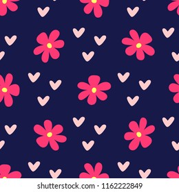 Cute feminine seamless pattern with flowers and hearts. Repeated girly print. Bright vector illustration.