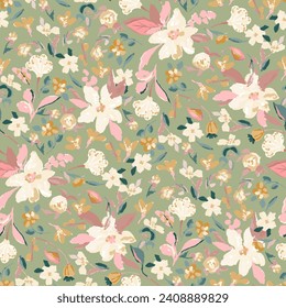 Cute feminine seamless watercolor pattern with wildflowers, hand drawn, not AI