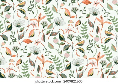 Cute feminine seamless watercolor pattern with wildflowers, hand drawn, not AI