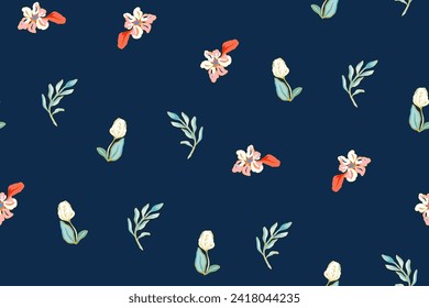 Cute feminine seamless watercolor pattern with little tiny wildflowers, hand drawn, not AI