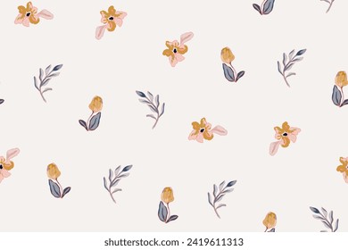 Cute feminine seamless watercolor pattern with little tiny wildflowers, hand drawn, not AI