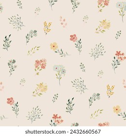 Cute feminine seamless watercolor pattern with little tiny wildflowers, hand drawn, not AI