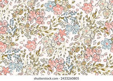 Cute feminine seamless watercolor pattern with little tiny wildflowers, hand drawn, not AI