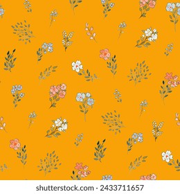 Cute feminine seamless watercolor pattern with little tiny wildflowers, hand drawn, not AI