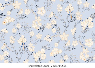 Cute feminine seamless watercolor pattern with little tiny wildflowers, hand drawn, not AI