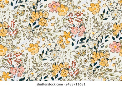 Cute feminine seamless watercolor pattern with little tiny wildflowers, hand drawn, not AI