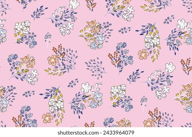 Cute feminine seamless watercolor pattern with little tiny wildflowers, hand drawn, not AI