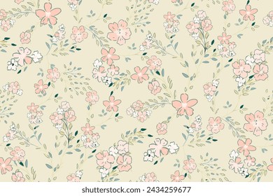 Cute feminine seamless watercolor pattern with little tiny wildflowers, hand drawn, not AI