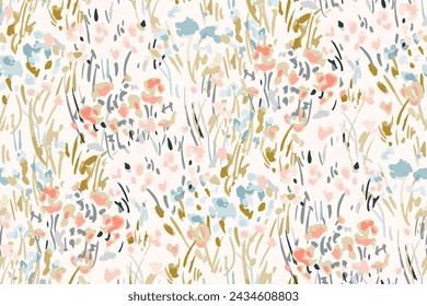 Cute feminine seamless watercolor pattern with little tiny wildflowers, hand drawn, not AI