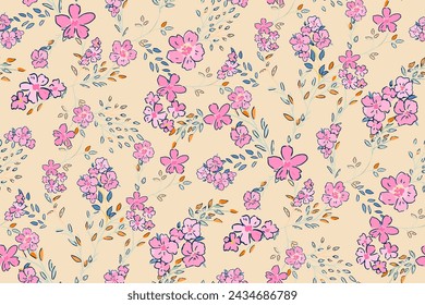 Nettes feminines nahtloses Aquarellmuster mit kleinen winzigen Wildblumen, handgezeichnet, keine KI