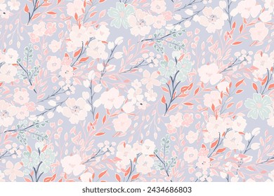 Cute feminine seamless watercolor pattern with little tiny wildflowers, hand drawn, not AI