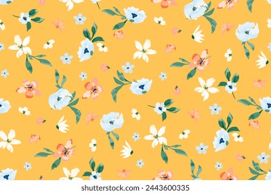 Cute feminine seamless watercolor pattern with little tiny wildflowers, hand drawn, not AI
