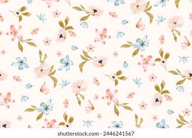 Cute feminine seamless watercolor pattern with little tiny wildflowers, hand drawn, not AI
