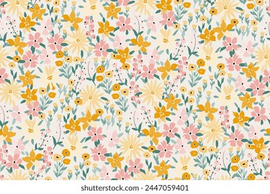 Cute feminine seamless watercolor pattern with little tiny wildflowers, hand drawn, not AI