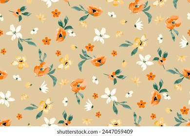 Cute feminine seamless watercolor pattern with little tiny wildflowers, hand drawn, not AI

