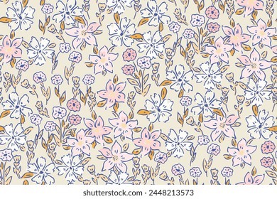 Cute feminine seamless watercolor pattern with little tiny wildflowers, hand drawn, not AI