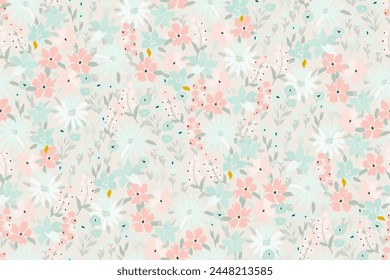 Cute feminine seamless watercolor pattern with little tiny wildflowers, hand drawn, not AI