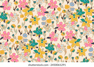 Cute feminine seamless watercolor pattern with little tiny wildflowers, hand drawn, not AI