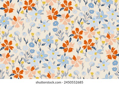 Cute feminine seamless watercolor pattern with little tiny wildflowers, hand drawn, not AI